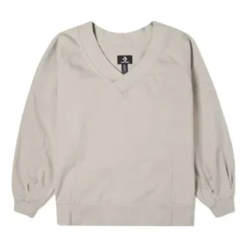 Enfärgad, löst stickad V-ringad beige hoodie