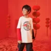 Långärmad T-shirt med tryckt kaninlogotyp för kaninåret, asiatiska storlekar ”Vit Svart Röd”