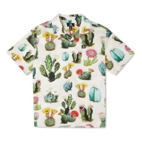 Resortskjorta med växtmönster, asiatiska storlekar ”Desert Sand Cactus Multi”